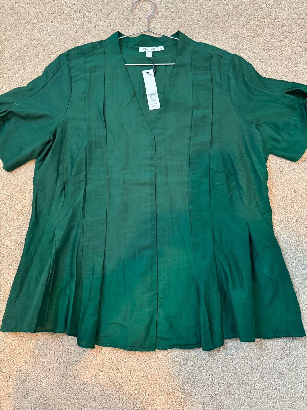 Chico's Deep Green Short Sleeve V-Neck Pleated Tunic